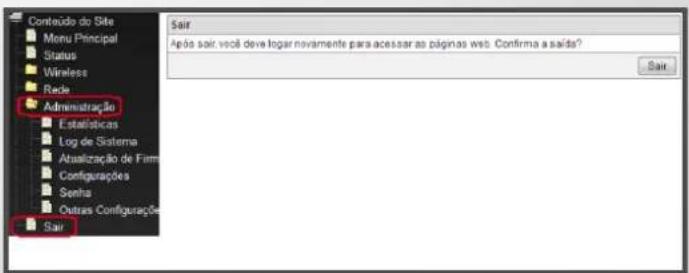 Conteúdo do Site Menu Principal Status Wireless Rede Administração Estatísticas Log de Sistema Atualização de Firm Configurações Senha Outras Configurações Sair Sair Após sair, você deve logar novamente para acessar ao páginas web. Confirma a saída? Sair