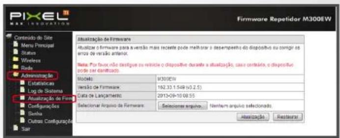 FIXEL MAX INTEGRATION Firmware Repetidor M300EW Contenido do Site Menu Principal Status Wireless Redo Administração Estatísticas Log de Sistema Atualização de Firma Configurações Senha Outros Configuraçãos Sar Atualização de Firmware Atualizar o firmware para a versão mais recente pode melhorar o desempeito do dispositivo ou comirir às erlos de versão anterior. Note: Por favor não desifique ou reprecis e dispositivo durante a atualização, case contrário, o dispositivo ode ser danificado. Modelo: M300EW Versão de Firmware: 162.33.1.548 (v3.2.5) Data de Lancântelo: 2012-09-10 09:55 Selecionar Arquivo da Firmware: Selecionar arquivo... Nentem arquivo selecionado. Alteração Restaurar