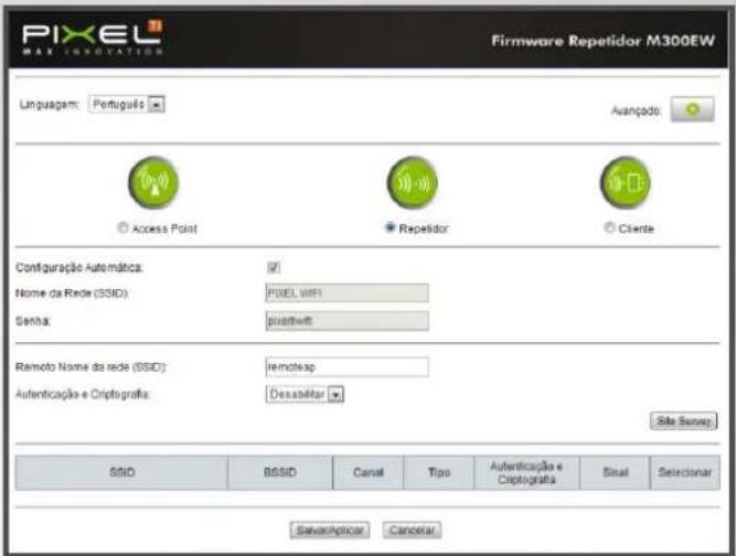 PIXEL MAX INNOVATION Firmware Repetidor M300EW Linguagem: Português Avançado: Access Point Repetidor Cliente Configuração Automática: Nome da Rede (SSID): PIXEL WIFI Sentiva: putativiti Remoto Nome da rede (SSID): remoteap Authenticação e Ciptografia: Desaséitar São Survey SSID BSSID Canal Tipo Authenticação e Ciptografia Final Selecionar SalvarAplicar Cancelar