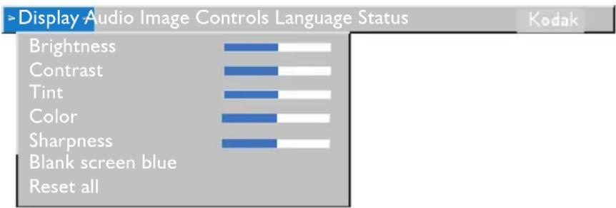 Display Audio Image Controls Language Status Kodak Brightness Contrast Tint Color Sharpness Blank screen blue Reset all