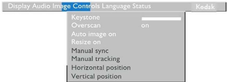 Display Audio Image Controls Language Status Keystone Overscan on Auto image on Resize on Manual sync Manual tracking Horizontal position Vertical position