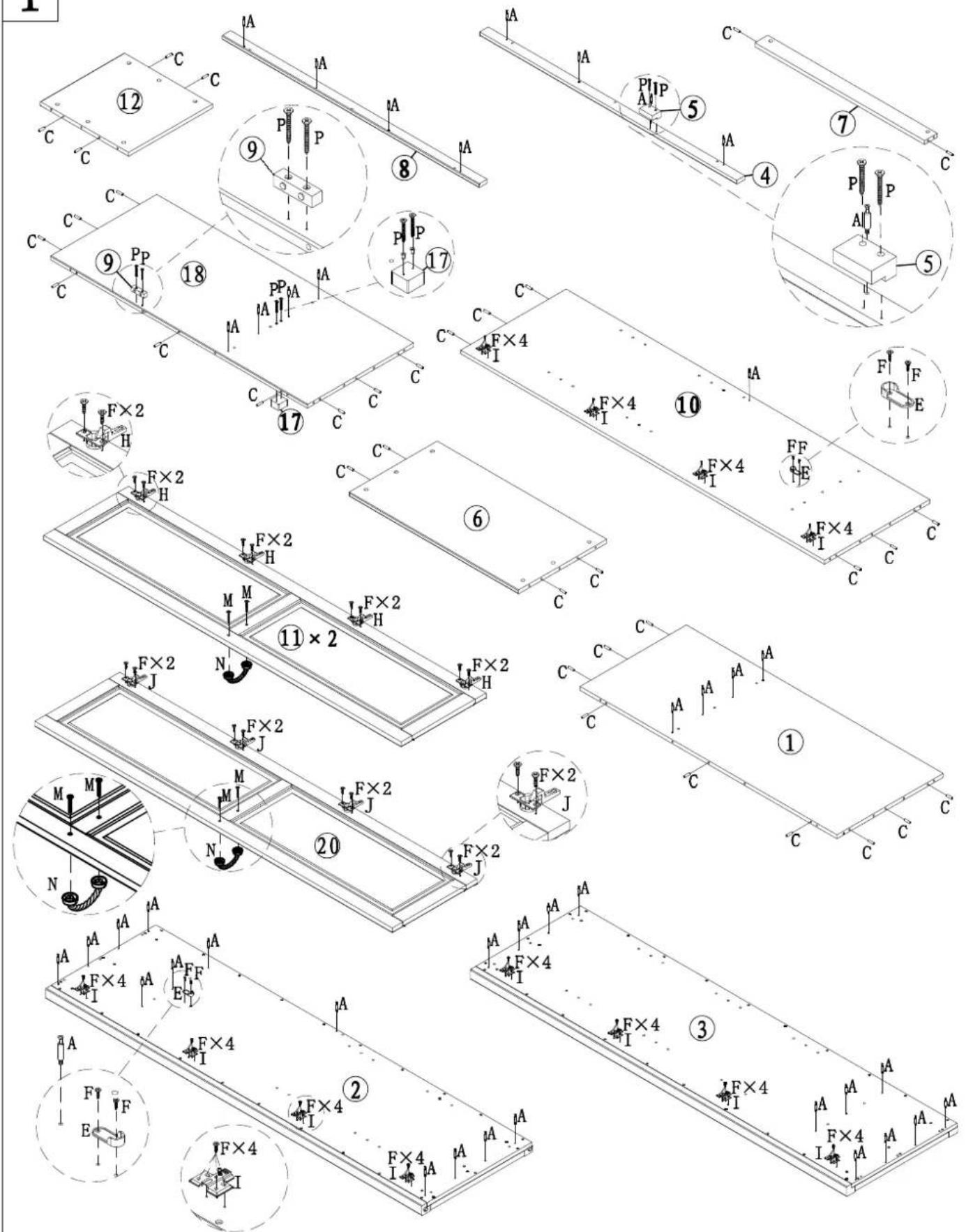 Technical diagram of a multi-panel mechanical assembly with numbered components and force application points labeled (1–20)