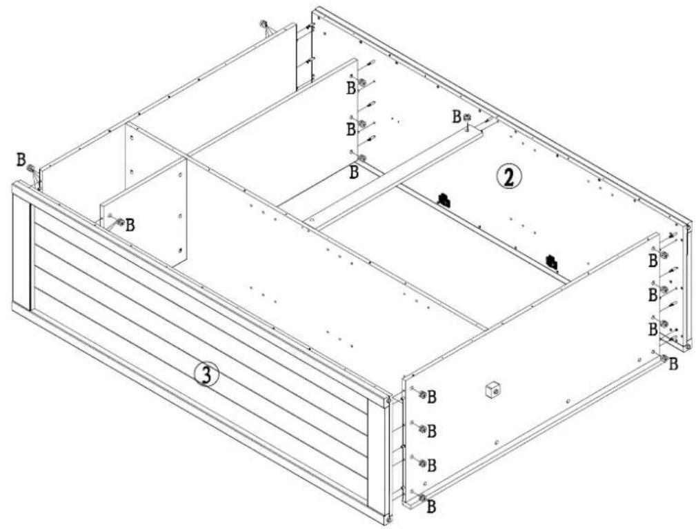 Technical diagram of a modular storage unit with labeled compartments and a zoomed-in inset showing a mechanical component.