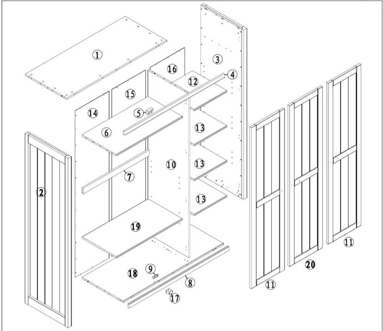 Technical diagram of a multi-panel storage or ventilation system with numbered components for assembly or maintenance.
