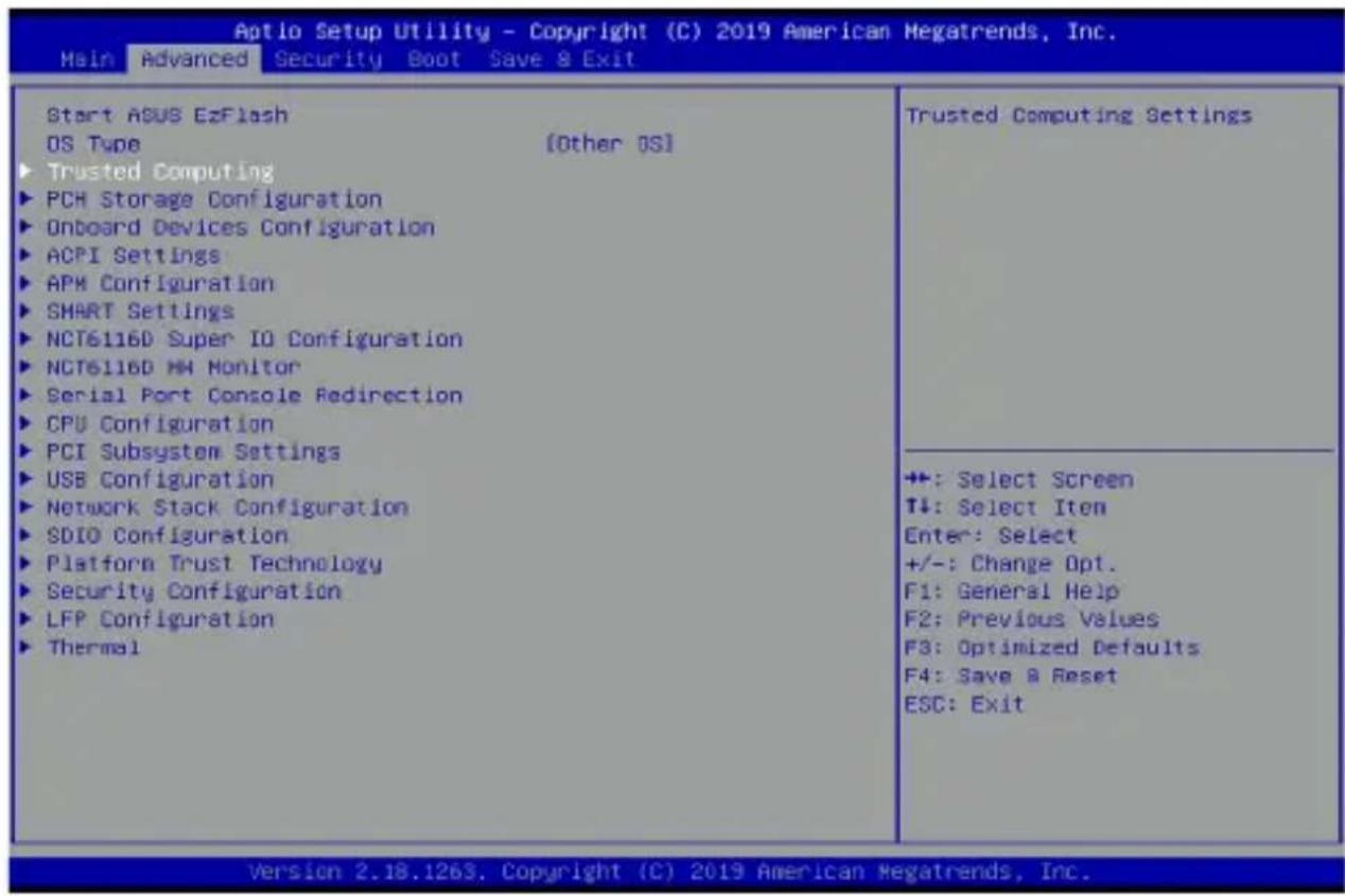 Aptio Setup Utility - Copyright (C) 2019 American Megatrends, Inc. Main Advanced Security Boot Save & Exit Start ASUS EzFlash OS Type [Other OS] ► Trusted Computing ► PCH Storage Configuration ► Onboard Devices Configuration ► ACPI Settings ► APM Configuration ► SMART Settings ► NCT6116D Super IO Configuration ► NCT6116D HM Monitor ► Serial Port Console Redirection ► CPU Configuration ► PCI Subsystem Settings ► USB Configuration ► Network Stack Configuration ► SDIO Configuration ► Platform Trust Technology ► Security Configuration ► LFP Configuration ► Thermal Trusted Computing Settings +: Select Screen T#: Select Item Enter: Select +/-: Change Opt. F1: General Help F2: Previous Values F3: Optimized Defaults F4: Save & Reset ESC: Exit Version 2.18.1263. Copyright (C) 2019 American Megatrends, Inc.