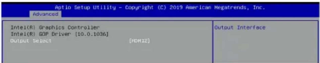 Aptio Setup Utility - Copyright (C) 2019 American Negatrends, Inc. Advanced Intel(R) Graphics Controller Intel(R) GOP Driver [10.0.1036] Output Select [HDMI2] Output Interface