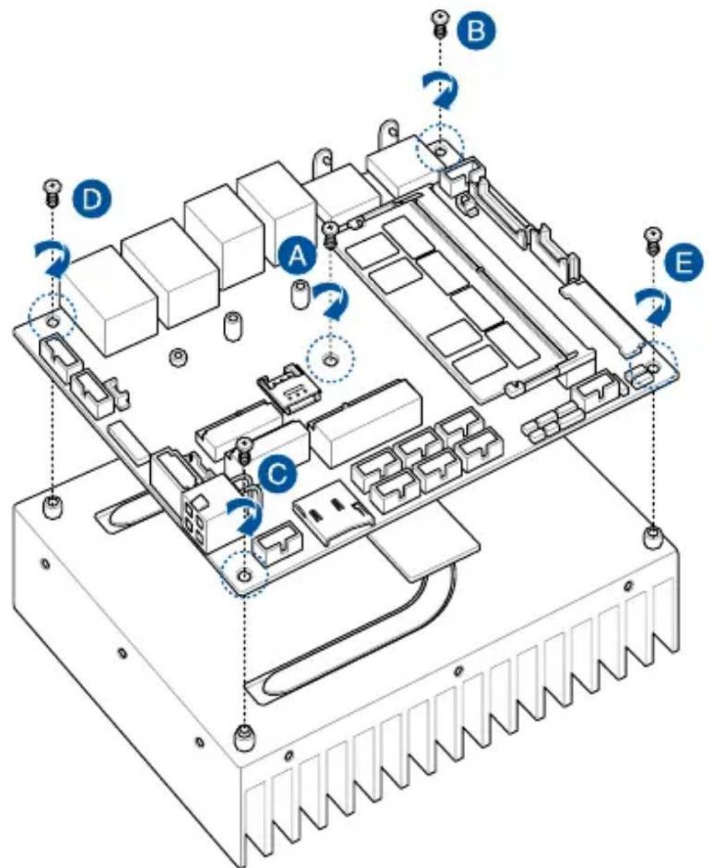 Technical diagram of an electronic device with labeled components and directional arrows indicating motion or assembly.