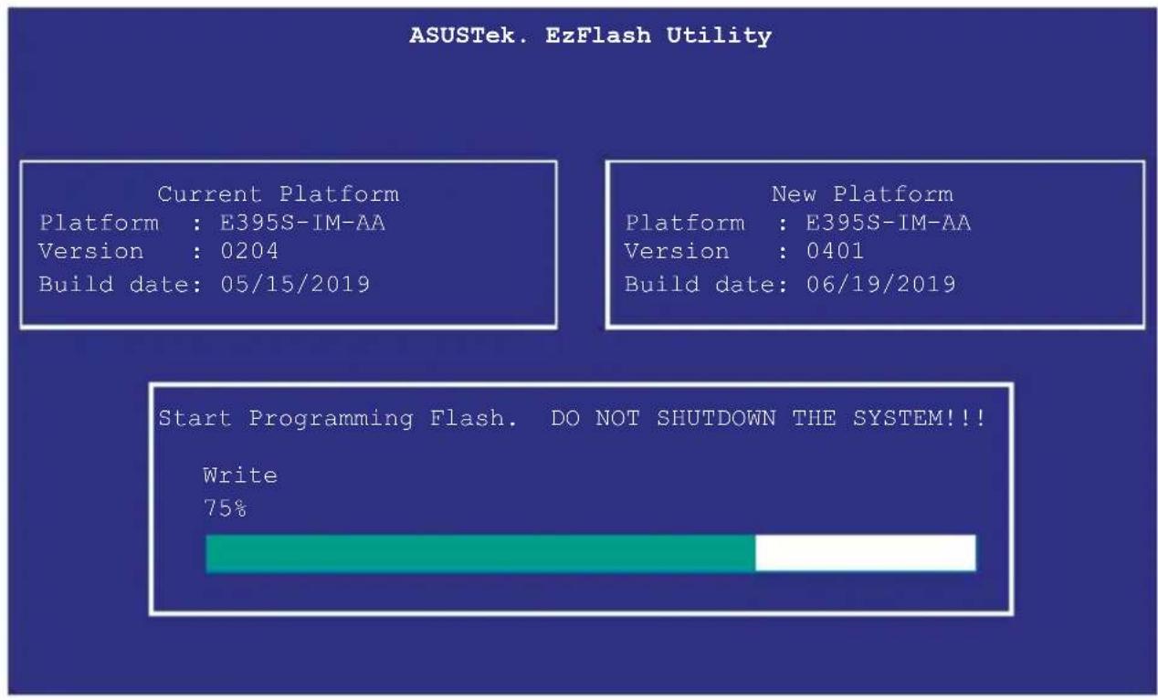 ASUSTek. EzFlash Utility Current Platform Platform : E395S-IM-AA Version : 0204 Build date: 05/15/2019 New Platform Platform : E395S-IM-AA Version : 0401 Build date: 06/19/2019 Start Programming Flash. DO NOT SHUTDOWN THE SYSTEM!!! Write 75%