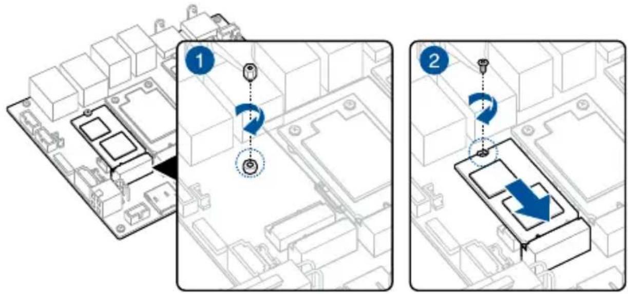 Technical diagram showing two views of a computer motherboard with labeled components and directional arrows indicating rotation or movement.