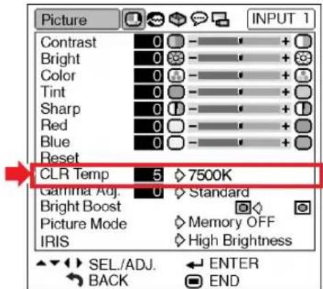 Picture INPUT 1 Contrast 0 - + + Bright 0 - + + Color 0 - + + Tint 0 - + + Sharp 0 - + + Red 0 - + + Blue 0 - + + Reset CLR Temp 5 ◇ 7500K Gamma Adj. 0 Standard Bright Boost Picture Mode Memory OFF IRIS High Brightness SEL./ADJ. ENTER BACK END