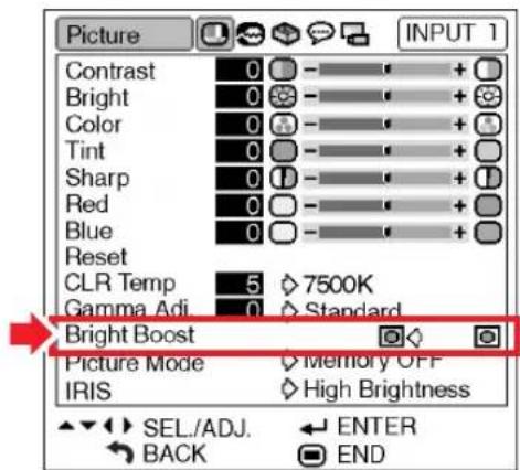 Picture INPUT 1 Contrast 0 - + + Bright 0 - + + Color 0 - + + Tint 0 - + + Sharp 0 - + + Red 0 - + + Blue 0 - + + Reset 0 - + + CLR Temp 5 7500K Gamma Adj 0 Standard Bright Boost Picture Mode Memory OFF IRIS High Brightness SEL./ADJ. ENTER BACK END