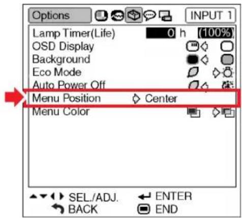 Options Lamp Timer(Life) 0 h (100%) OSD Display Background Eco Mode Auto Power Off Menu Position Center Menu Color SEL./ADJ. ENTER BACK END