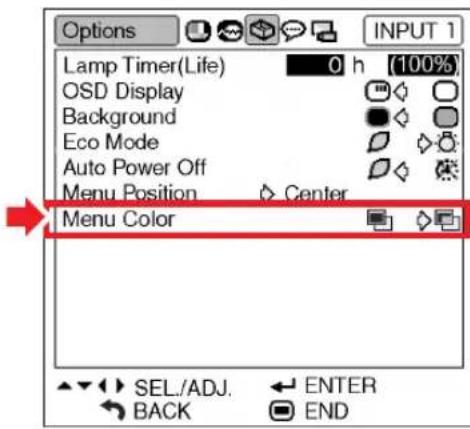 Options Lamp Timer(Life) 0 h (100%) OSD Display Background Eco Mode Auto Power Off Menu Position Center Menu Color SEL/ADJ. ENTER BACK END