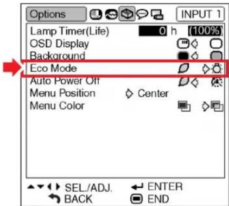Options Lamp Timer(Life) 0 h (100%) OSD Display Background Eco Mode Auto Power Off Menu Position Center Menu Color SEL./ADJ. ENTER BACK END