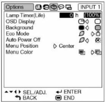 Options Lamp Timer(Life) 0 h (100%) OSD Display Background Eco Mode Auto Power Off Menu Position Center Menu Color SEL/ADJ. ENTER BACK END