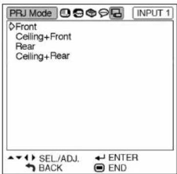 PRJ Mode INPUT 1 Front Ceiling+Front Rear Ceiling+Rear SEL./ADJ. BACK ENTER END