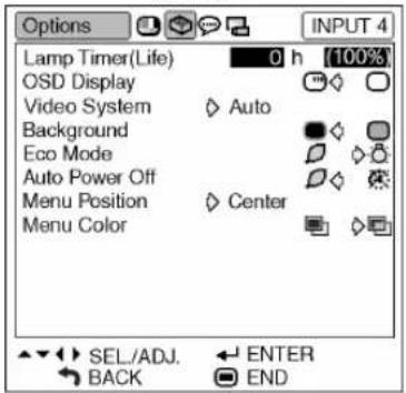 Options Lamp Timer(Life) 0 h (100%) OSD Display Video System Auto Background Eco Mode Auto Power Off Menu Position Center Menu Color SEL/ADJ. ENTER BACK END