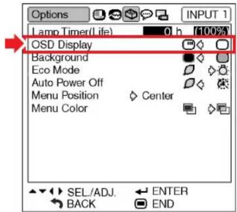 Options Lamp Timer(Life) 0 h [100%] OSD Display Background Eco Mode Auto Power Off Menu Position Center Menu Color SEL./ADJ. ENTER BACK END