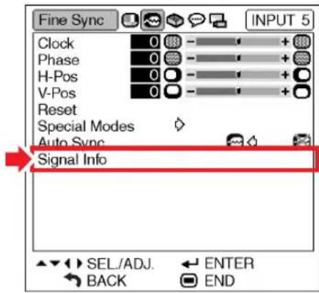 Fine Sync INPUT 5 Clock 0 - + Phase 0 - + H-Pos 0 - + V-Pos 0 - + Reset Special Modes Auto Sync Signal Info SEL./ADJ. ← ENTER BACK END