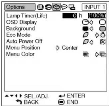 Options Lamp Timer(Life) 0 h (100%) OSD Display Background Eco Mode Auto Power Off Menu Position Center Menu Color SEL./ADJ. ENTER BACK END