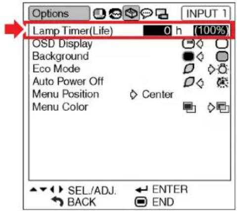 Options Lamp Timer(Life) 0 h (100%) OSD Display Background Eco Mode Auto Power Off Menu Position Center Menu Color SEL./ADJ. ENTER BACK END