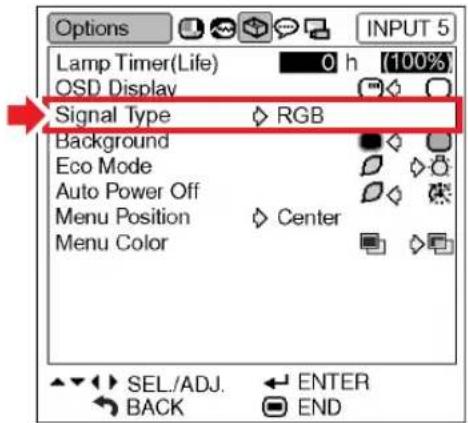 Options Lamp Timer(Life) 0 h (100%) OSD Display Signal Type RGB Background Eco Mode Auto Power Off Menu Position Center Menu Color SEL./ADJ. ENTER BACK END