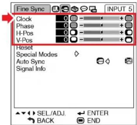 Fine Sync INPUT 5 Clock 0 + Phase 0 + H-Pos 0 - V-Pos 0 + Reset Special Modes Auto Sync Signal Info SEL./ADJ. ENTER BACK END