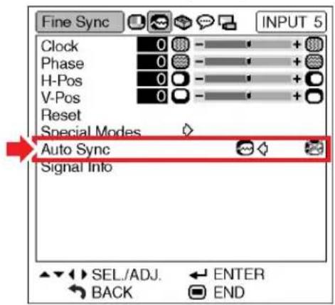 Fine Sync INPUT 5 Clock 0 - + Phase 0 - + H-Pos 0 - + V-Pos 0 - + Reset Special Modes Auto Sync Signal Info SEL./ADJ. ← ENTER BACK END