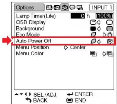 Options Lamp Timer(Life) 0 h (100%) OSD Display Background Eco Mode Auto Power Off Menu Position Center Menu Color SEL./ADJ. ENTER BACK END