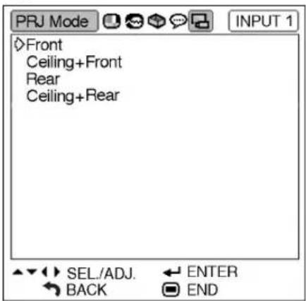 PRJ Mode INPUT 1 Front Ceiling+Front Rear Ceiling+Rear SEL./ADJ. ← ENTER BACK END