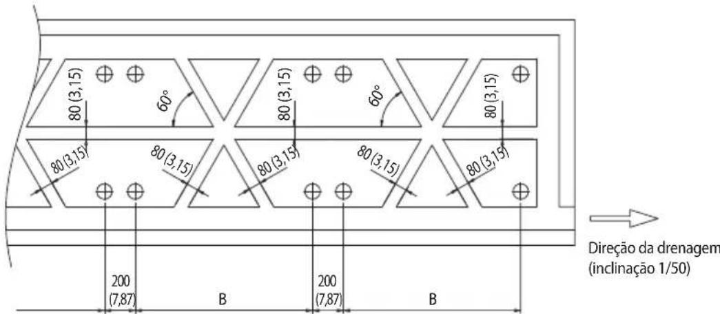 80(3,15) 60° 80(3,15) 60° 80(3,15) 80(3,15) 80(3,15) 80(3,15) 200 (7,87) B 200 (7,87) B Direção da drenagem (inclinação 1/50)