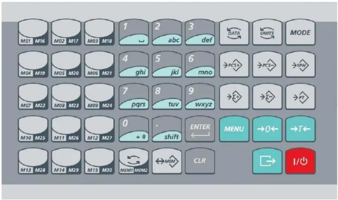 M01 M16 M02 M17 M03 M18 1 2 abc 3 def DATA UNITS MODE M04 M19 M05 M20 M06 M21 4 ghi 5 jkl 6 mno →PCS+ →PCS- →SPW M07 M22 M08 M23 M09 M24 7 pqrs 8 tuv 9 wxyz →Σ+ →Σ- →PT M10 M25 M11 M26 M12 M27 0 + # shift ENTER ← MENU →O← →T← M13 M28 M14 M29 M15 M30 MEM1 MEM2 ← MEM CLR I/O