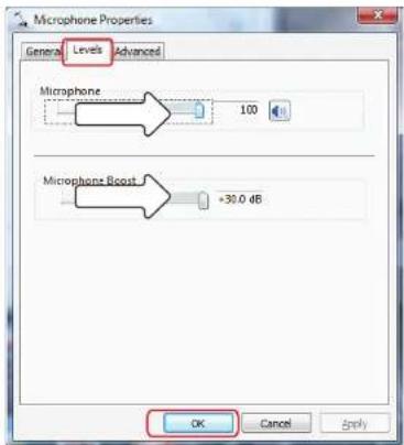 Microphone Properties General Levels Advanced Microphone 100 Microphone Boost >35.0 dB OK Cancel Apply