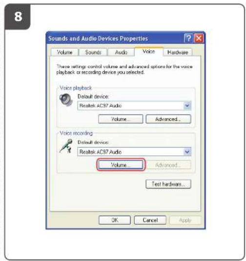 8 Sounds and Audio Devices Properties Volume Sounds Audio Voice Hardware These settings control volume and advanced options for the voice playback or recording device you selected. Voice playback Default device: Realtek AC37 Audio Volume... Advanced... Voice recording Default device: Realtek AC37 Audio Volume... Advanced... Test hardware... OK Cancel Apply