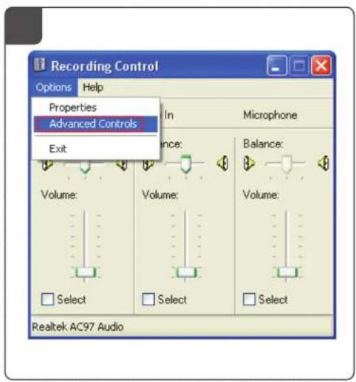 Recording Control Options Help Properties Advanced Controls Exit Balance: Volume: Volume: Volume: Select Select Select Realtek AC97 Audio