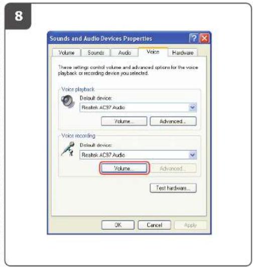 8 Sounds and Audio Devices Properties Volume Sounds Audio Voice Hardware These settings control volume and advanced options for the voice playback or recording device you selected. Voice playback Default device: Realtek AC37 Audio Volume... Advanced... Voice recording Default device: Realtek AC37 Audio Volume... Advanced... Test hardware... OK Cancel Apply