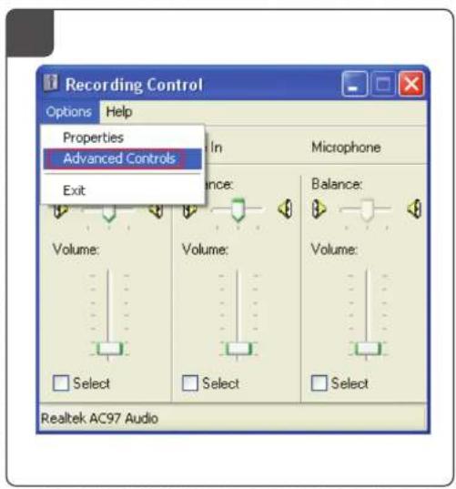 Recording Control Options Help Properties Advanced Controls In Microphone Exit Volume: Volume: Balance: Volume: Select Select Select Realtek AC97 Audio