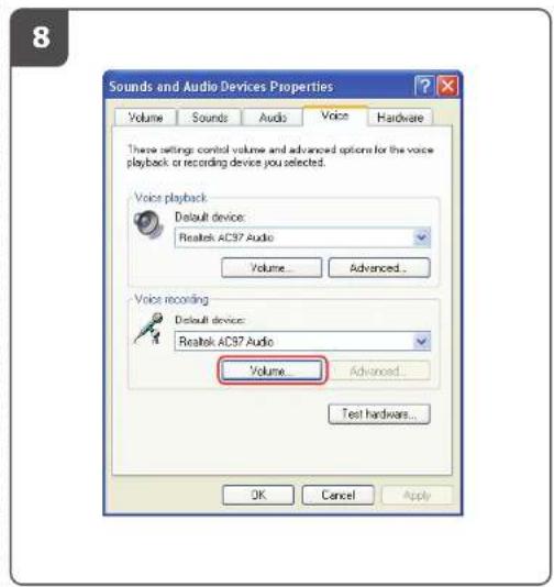 8 Sounds and Audio Devices Properties Volume Sounds Audio Voice Hardware These settings control volume and advanced options for the voice playback or recording device you selected. Voice playback Default device: Realtek AC37 Audio Volume... Advanced... Voice recording Default device: Realtek AC37 Audio Volume... Advanced... Test hardware... OK Cancel Apply
