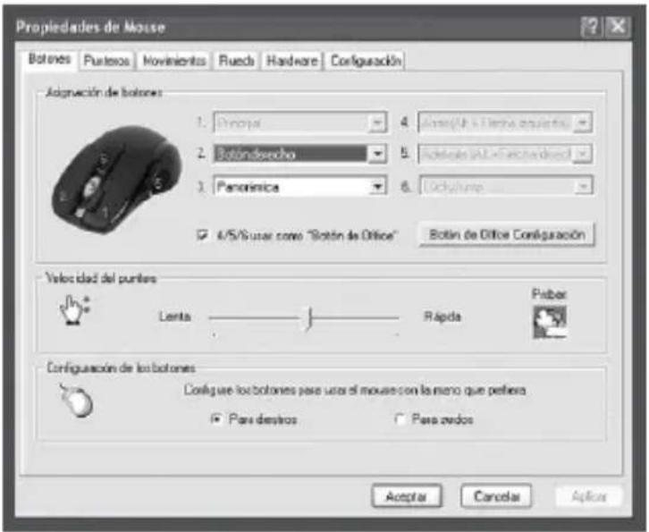 Propiedades de Mouse Botones Puntos Movimientos Rueda Hardware Configuración Alignación de botones 1. Principa 2. Botón-derecho 3. Panorínica 4. Alme/Ala y Tierra quierta 5. Ateles (AL - Catezón dred) 6. Octubre 7. 4/5/8 user como "Botón de Ofice" Botón de Ofice Configuración Velocidad del punter Lenta Rápda Pebar Configuración de los botones Configure los botones para usar el mouren con la mano que peltera Para desiros Para zastos Aceptar Cancelar Aplicar