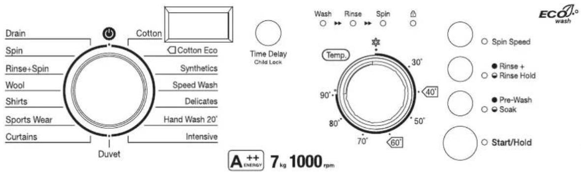 Drain Spin Rinse+Spin Wool Shirts Sports Wear Curtains Duvet Cotton Cotton Eco Synthetics Speed Wash Delicates Hand Wash 20' Intensive Time Delay Child Lock Wash Rinse Spin ○ Spin Speed ● Rinse + ○ Rinse Hold ○ Pre-Wash ○ Soak ○ Start/Hold Temp. 30° 40° 90° 80° 70° 60° A++ 7 kg 1000 rpm ECO 7.0 wash A++ ENERGY 7 kg 1000 rpm