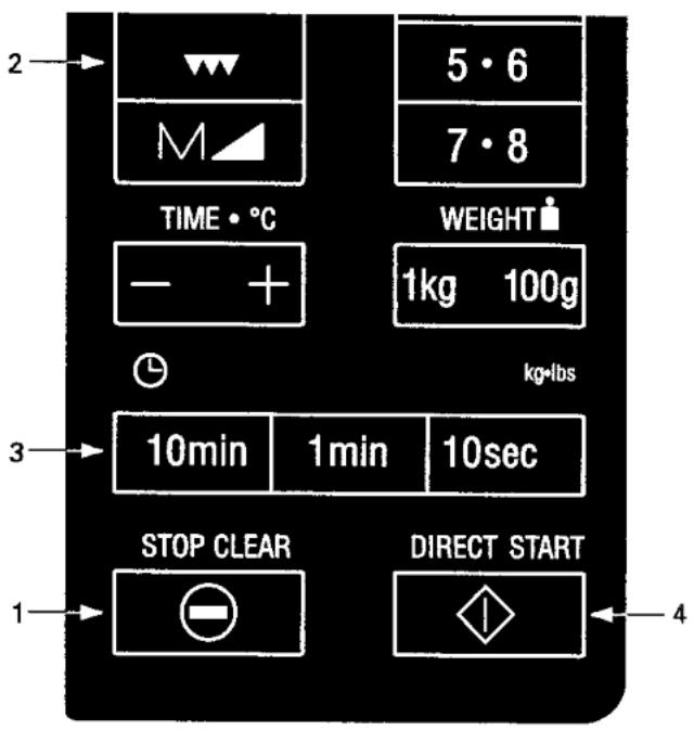 2 M TIME • °C - + WEIGHT 1kg 100g kg•lbs 3 10min 1min 10sec STOP CLEAR DIRECT START 1 4