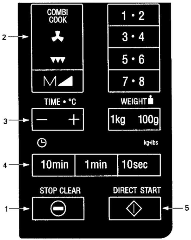 COMBI COOK 1·2 3·4 5·6 7·8 TIME·°C WEIGHT 1kg 100g kg-lbs - + 4 10min 1min 10sec STOP CLEAR DIRECT START 1 5