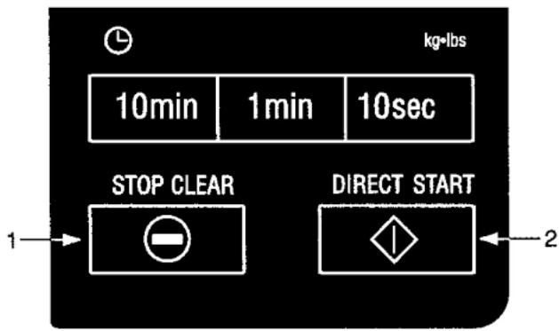 10min 1min 10sec STOP CLEAR DIRECT START 1→←→2 kg-lbs