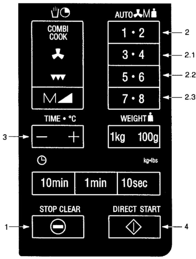 COMBI COOK M TIME • °C 3 + - WEIGHT 1kg 100g kg-lbs 10min 1min 10sec STOP CLEAR DIRECT START 1 4