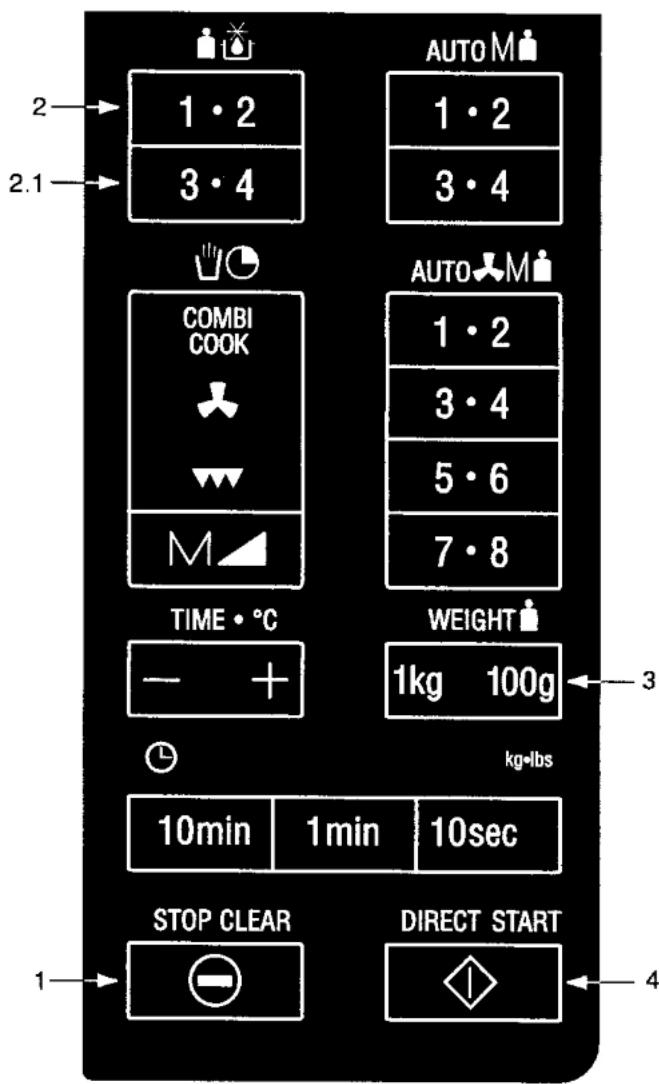 2 1 · 2 3 · 4 2.1 AUTO M 1 · 2 3 · 4 COMBI COOK M TIME · °C - + WEIGHT 1kg 100g 3 kg·lbs 10min 1min 10sec STOP CLEAR DIRECT START 1 4