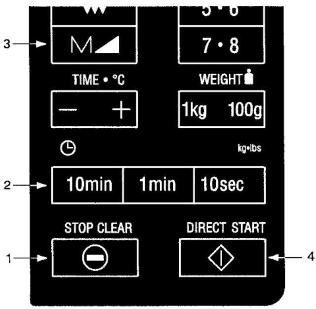 3 M 5·0 7·8 TIME • °C WEIGHT - + 1kg 100g kg•lbs 2 10min 1min 10sec STOP CLEAR DIRECT START 1 4
