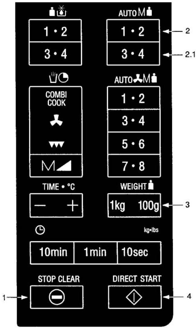 1·2 3·4 AUTO M 1·2 3·4 2 2.1 COMBI COOK M AUTO M 1·2 3·4 5·6 7·8 TIME · °C - + WEIGHT 1kg 100g 3 kg·lbs 10min 1min 10sec STOP CLEAR DIRECT START 1→ 4