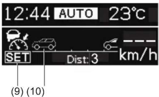 12:44 AUTO 23°C SET Dist: 3 km/h (9) (10)