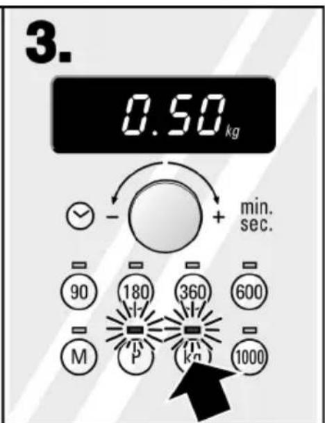 3. 0.50 kg ✓ - ○ + min. sec. 90 180 360 600 M P kg 1000