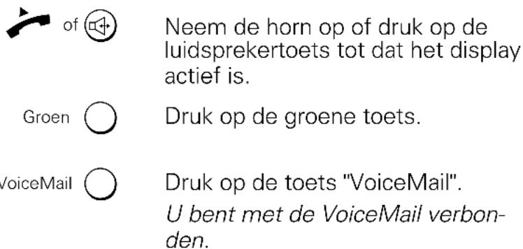 of Neem de horn op of druk op de luidsprekertoets tot dat het display actief is. Groen ○ Druk op de groene toets. /voiceMail ○ Druk op de toets "VoiceMail". U bent met de VoiceMail verbon- den.